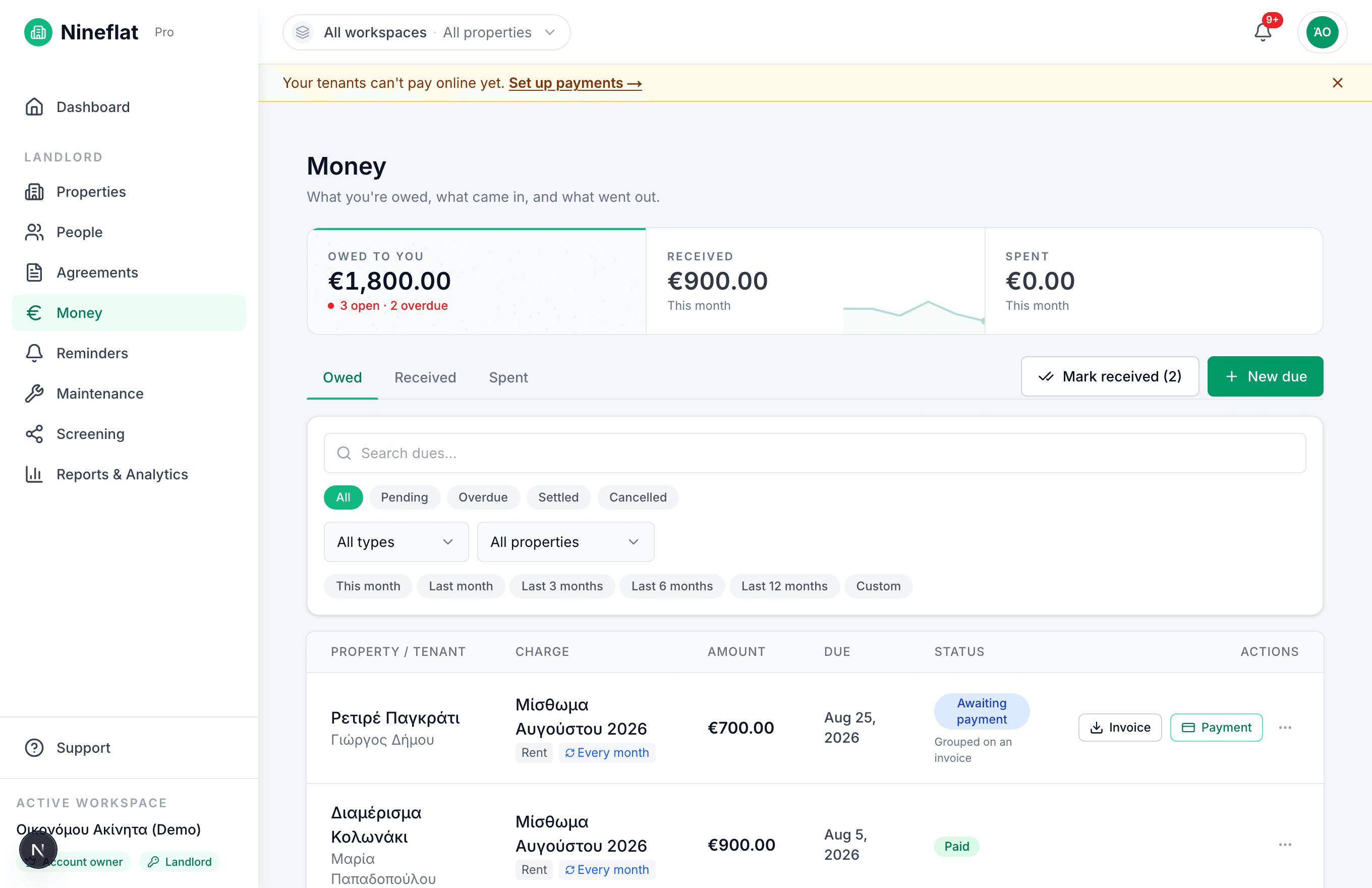 The Nineflat billing dashboard showing recurring rent charges and collection status